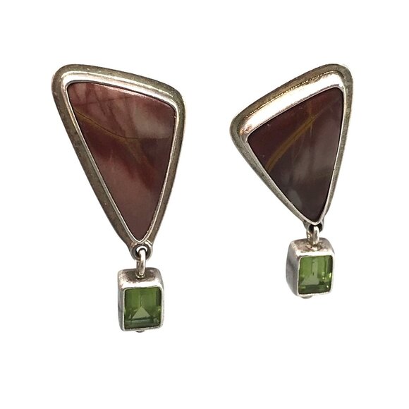 OOAK Obsidian Sterling Stone Earrings with Peridot Dangle, Vintage Mauve Natural - Picture 4 of 6